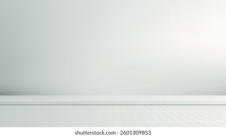 minimalist white room featuring a gradient wall and clean wood grain floor, perfect for modern product mockups, showroom displays, and interior design concepts