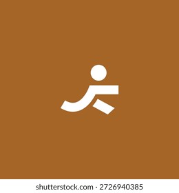 Minimalist white running man icon or jumping human figure logo on brown background