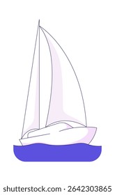 Minimalist white sailboat gliding on calm waters 2D cartoon object. Floating vessel. Marine travel. Ocean journey. Sailing boat isolated element flat vector clip art on white. Spot illustration