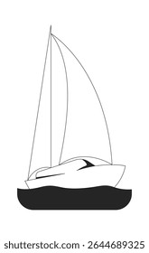 Minimalist white sailboat gliding on calm waters 2D line object. Floating vessel. Marine travel. Ocean journey. Sailing boat isolated clipart vector ink outline item. Monochrome spot illustration