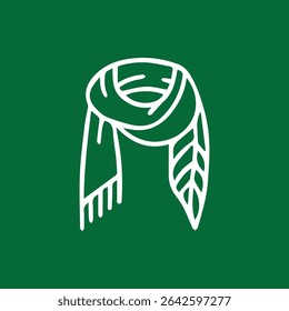 A minimalist white scarf icon is set against a vibrant forest green background offering a blend of simplicity and sophistication.