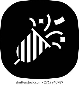 Eine minimalistische weiße Silhouette aus einem explodierenden Party-Popper mit ausgeflogenen Konfetti-Streamern, die auf einem massiven schwarzen, abgerundeten quadratischen Hintergrund steht und Feier und Festlichkeit symbolisiert.