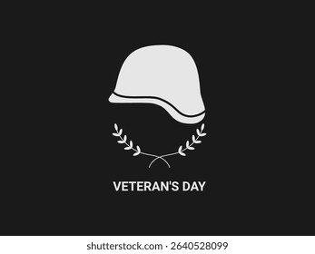 A minimalist white silhouette of a military helmet atop a laurel wreath