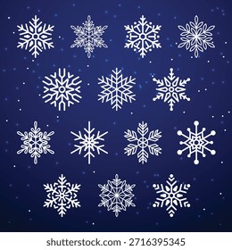 Conjunto de iconos de copo de nieve blanco minimalista y Elementos gráficos de Vector de invierno con 14 Diseños geométricos únicos en un fondo degradado estrellado azul oscuro para Navidades Diseño de interfaz de usuario y marketing de Festiva