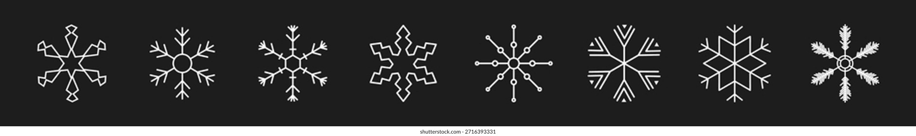 Minimalist White Snowflake Vector Icons Set - Modern Geometric Winter Holiday and Christmas Line Art Illustrations for Graphic Design and Digital Patterns