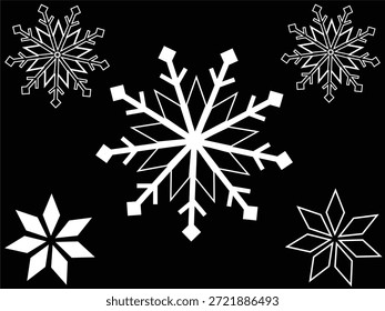 minimalist white snowflake vector set on black background for winter holiday design, geometric snowflake icons collection in white on black background for Christmas winter graphics, modern snowflake vector illustrations with symmetrical shapes for winter decoration projects