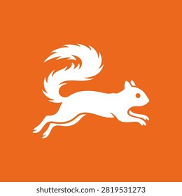 Minimalist white squirrel jumping graphic for outdoor themes.
