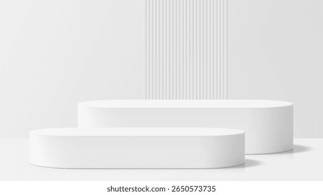 Minimalist white stage podium for product display. Empty cylinder pedestal showroom with rounded square empty stand. Light background for exhibit.