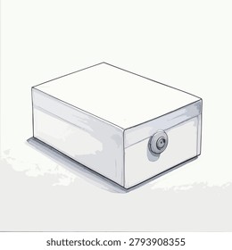 A minimalist white storage container featuring a simple circular locking mechanism on its front surface rendered in a clean line art style.