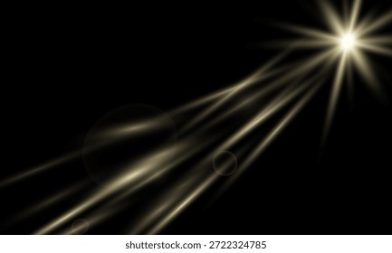 Sol blanco minimalista con rayos agudos y destellos de luz radiante a través del fondo oscuro. Efecto de destello de lente de luz solar transparente. Ilustración vectorial.