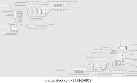 Fondo texturizado blanco minimalista que muestra patrones de placa de circuito electrónico abstracto. El diseño presenta microchips geométricos y líneas de conexión.