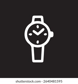 A minimalist white wristwatch icon against a black background symbolizes time keeping and modern design in a simplistic yet elegant style.