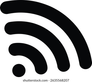 Uma silhueta preta minimalista do sinal de Wi-Fi em um fundo branco. Esta ilustração vetorial apresenta um design limpo com um círculo sólido e três arcos curvos para a força sem fio.