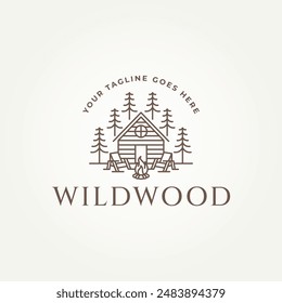 Minimalistisches Wild Holz Kabine Line Art Icon Logo Vektorillustration Design. Einfaches modernes Ferienhaus, Villa, Haus mieten Logo Konzept