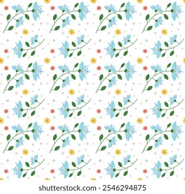 Minimalist wildflower floral arrangement, seamless pattern blue yellow flowers on white background