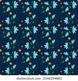 Minimalist wildflower floral arrangement, seamless pattern blue white yellow flowers on dark background