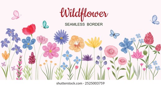 Minimalist Wildflower Illustration - Seamless Watercolor Floral Arrangements With Butterflies