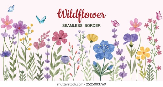 Ilustración minimalista de flores silvestres - Arreglos florales de acuarela sin costuras con mariposas