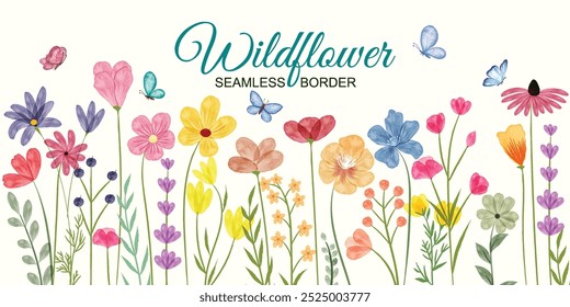 Minimalist Wildflower Illustration - Seamless Watercolor Floral Arrangements With Butterflies