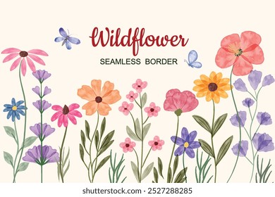 Minimalist Wildflower Illustration - Seamless Watercolor Floral Arrangements With Butterflies