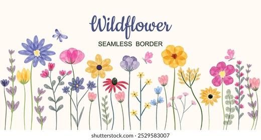 Minimalist Wildflower Illustration - Seamless Watercolor Floral Arrangements With Butterflies