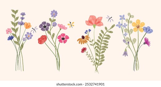 Minimalist Wildflower Illustration - Seamless Watercolor Floral Arrangements With Dragonflies