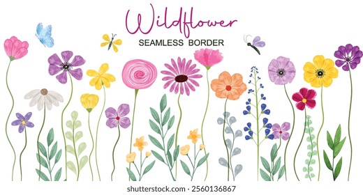 Minimalist Wildflower Illustration - Seamless Watercolor Floral Arrangements With Butterflies