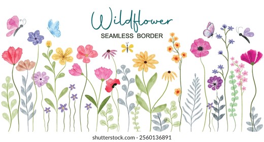 Minimalist Wildflower Illustration - Seamless Watercolor Floral Arrangements With Butterflies