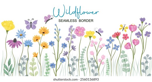 Minimalist Wildflower Illustration - Seamless Watercolor Floral Arrangements With Butterflies