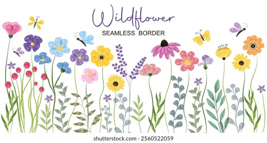 Minimalist Wildflower Illustration - Seamless Watercolor Floral Arrangements With Butterflies