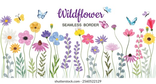 Minimalist Wildflower Illustration - Seamless Watercolor Floral Arrangements With Butterflies