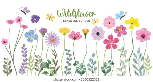 Minimalist Wildflower Illustration - Seamless Watercolor Floral Arrangements With Butterflies