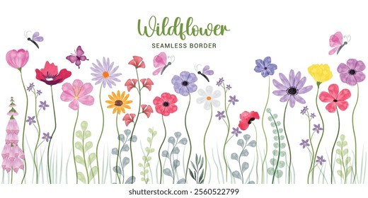 Minimalist Wildflower Illustration - Seamless Watercolor Floral Arrangements With Butterflies