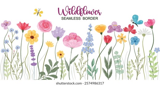 Minimalist Wildflower Illustration - Seamless Watercolor Floral Arrangements With Butterflies