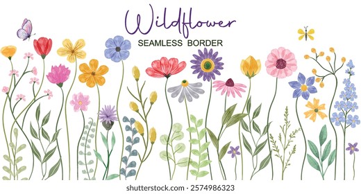 Minimalist Wildflower Illustration - Seamless Watercolor Floral Arrangements With Butterflies