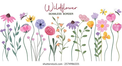 Minimalist Wildflower Illustration - Seamless Watercolor Floral Arrangements With Butterflies