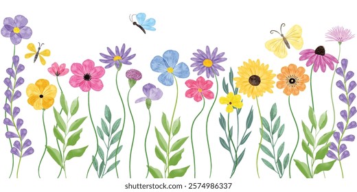 Minimalist Wildflower Illustration - Seamless Watercolor Floral Arrangements With Butterflies