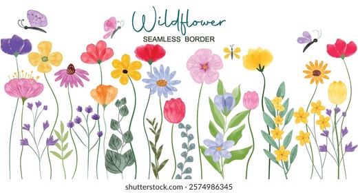 Minimalist Wildflower Illustration - Seamless Watercolor Floral Arrangements With Butterflies