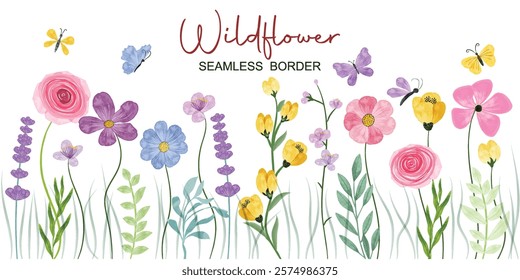 Minimalist Wildflower Illustration - Seamless Watercolor Floral Arrangements With Butterflies