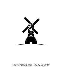 Vector minimalista de diseño de logotipo de molino de viento con estilo plano en color negro