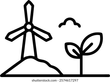 Minimalist Windmill and Plant Icon – Vector Illustration.windmill, plant, icon, vector, minimalist, renewable, energy, eco, nature, green, turbine, power, farm, sustainable, environment, agriculture, 