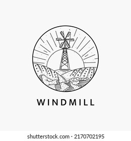 Minimalist windmill scenery logo line art illustration template design