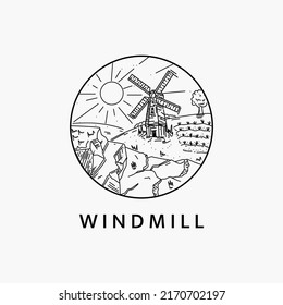 Minimalist windmill scenery logo line art illustration template design