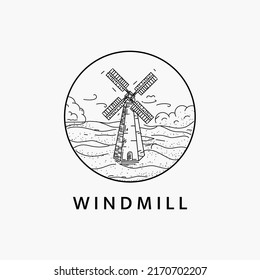 Minimalist windmill scenery logo line art illustration template design