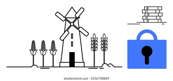 A minimalist windmill stands among wheat stalks and corn plants, accompanied by a blue lock icon and brick stacks. Ideal for agriculture, security, farming technology, rural areas, crop protection