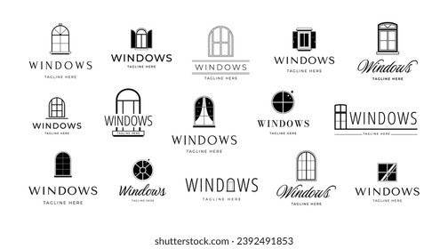 Minimalist window emblems. Casement frame with elegant shutters and curtains, home interior branding design template vector icon set of emblem minimalist logo illustration