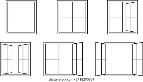Minimalist window icon set showing open and closed positions. Clean line vector illustration for architecture, UI, app, blueprint, real estate, and construction design use.
