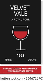 Um design de rótulo de vinho minimalista com o nome da marca 'Velvet Vale' e o slogan 'A Royal Pour'. Inclui um copo de vinho estilizado cheio de vinho tinto, o ano de 1992, volume e teor alcoólico.