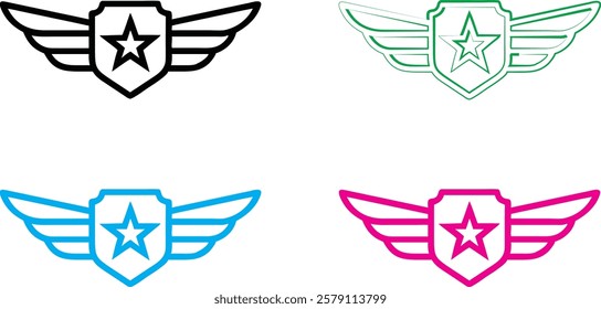 Minimalist winged emblems, star badges with wings, colorful heraldic symbols, simple security logos, aviation-inspired icons, flat graphic design, shield and wing motifs, military-style insignias, vib