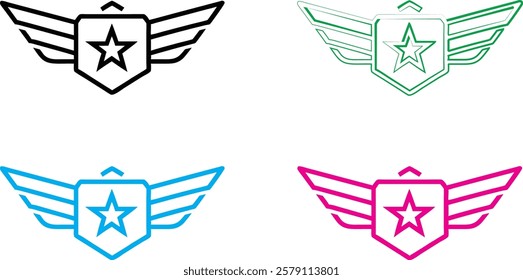 Minimalist winged emblems, star badges with wings, colorful heraldic symbols, simple security logos, aviation-inspired icons, flat graphic design, shield and wing motifs, military-style insignias, vib